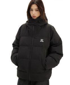 Stand-Up Collar Hooded Puffer Jacket with Logo Print, Versatile Thick Outerwear for Autumn Winter, Y2K Fashion