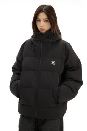 Stand-Up Collar Hooded Puffer Jacket with Logo Print, Versatile Thick Outerwear for Autumn Winter, Y2K Fashion