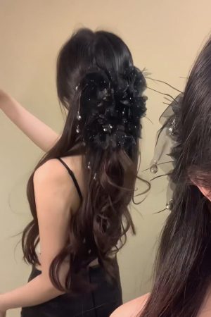 Starry Sky Black Feather Flower Hair Clip - High-End Light Luxury Shark Clip Hair Accessory for Fluffy Volume & Fairy Style