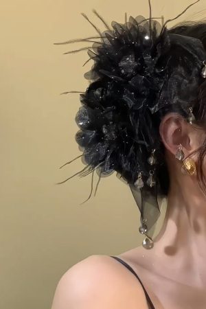 Starry Sky Black Feather Flower Hair Clip - High-End Light Luxury Shark Clip Hair Accessory for Fluffy Volume & Fairy Style