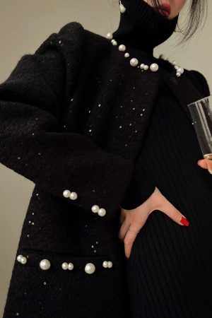 Starry Wool Cloak Overcoat - Elegant Thousand Gold Dress for Banquets - Chic Layering Piece in 90s Style