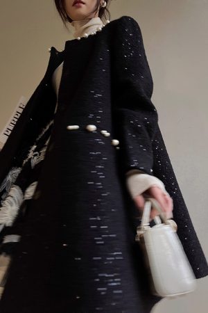 Starry Wool Cloak Overcoat - Elegant Thousand Gold Dress for Banquets - Chic Layering Piece in 90s Style