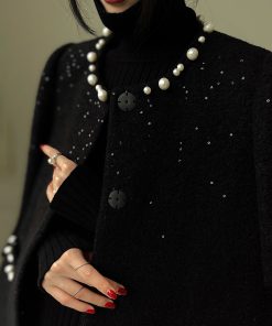 Starry Wool Cloak Overcoat - Elegant Thousand Gold Dress for Banquets - Chic Layering Piece in 90s Style