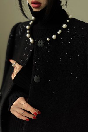 Starry Wool Cloak Overcoat - Elegant Thousand Gold Dress for Banquets - Chic Layering Piece in 90s Style