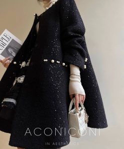 Starry Wool Cloak Overcoat - Elegant Thousand Gold Dress for Banquets - Chic Layering Piece in 90s Style