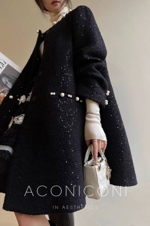 Starry Wool Cloak Overcoat - Elegant Thousand Gold Dress for Banquets - Chic Layering Piece in 90s Style