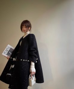 Starry Wool Cloak Overcoat - Elegant Thousand Gold Dress for Banquets - Chic Layering Piece in 90s Style