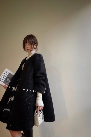 Starry Wool Cloak Overcoat - Elegant Thousand Gold Dress for Banquets - Chic Layering Piece in 90s Style