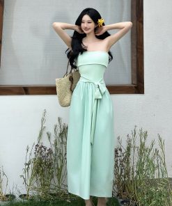 Strapless Bow Tie Waist-Cinching Long Dress - Summer Slimming Style for Effortless Elegance