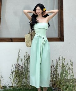 Strapless Bow Tie Waist-Cinching Long Dress - Summer Slimming Style for Effortless Elegance