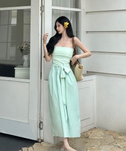 Strapless Bow Tie Waist-Cinching Long Dress - Summer Slimming Style for Effortless Elegance