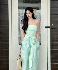 Strapless Bow Tie Waist-Cinching Long Dress - Summer Slimming Style for Effortless Elegance