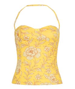Strapless Yellow Waist-Defining Bustier Top - Absurd Ancient Style Chinese Plant Print, Y2K Fashion