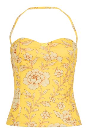 Strapless Yellow Waist-Defining Bustier Top - Absurd Ancient Style Chinese Plant Print, Y2K Fashion