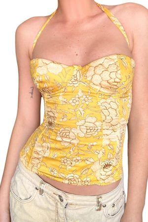 Strapless Yellow Waist-Defining Bustier Top - Absurd Ancient Style Chinese Plant Print, Y2K Fashion