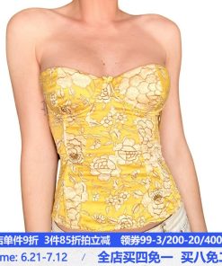 Strapless Yellow Waist-Defining Bustier Top - Absurd Ancient Style Chinese Plant Print, Y2K Fashion