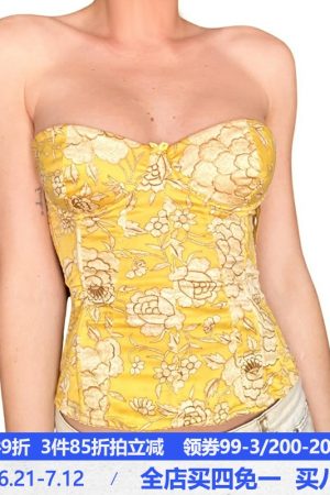 Strapless Yellow Waist-Defining Bustier Top - Absurd Ancient Style Chinese Plant Print, Y2K Fashion