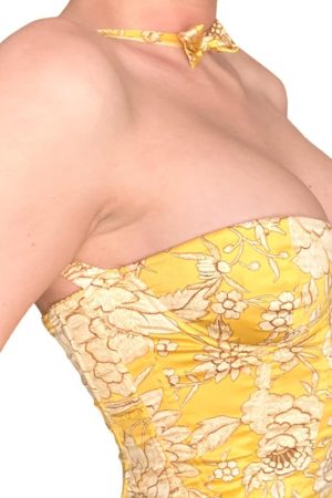 Strapless Yellow Waist-Defining Bustier Top - Absurd Ancient Style Chinese Plant Print, Y2K Fashion