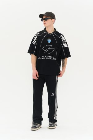Street Hip-Hop Casual Polo Shirt with Embroidered Football Design - Loose Fit, National Trend, Sports Style