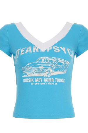 Street Style American Vintage Letter Print V-Neck Color Block Crop Top - Casual Versatile Hot Girl Tee for Y2K Fashion