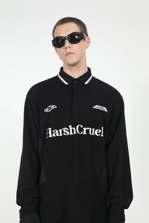 Street Style Loose Fit Long Sleeve Polo Shirt with Embroidered Detail, Casual Spliced Design