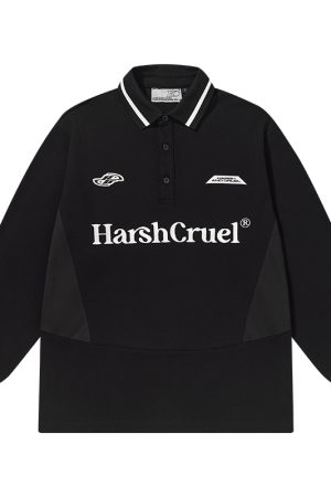 Street Style Loose Fit Long Sleeve Polo Shirt with Embroidered Detail, Casual Spliced Design