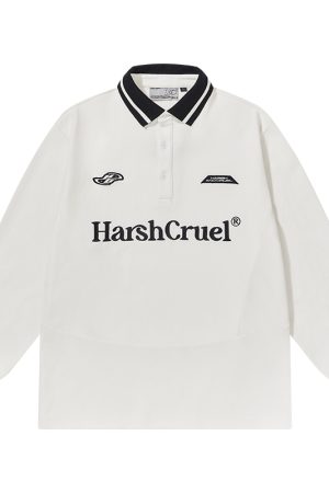 Street Style Loose Fit Long Sleeve Polo Shirt with Embroidered Detail, Casual Spliced Design