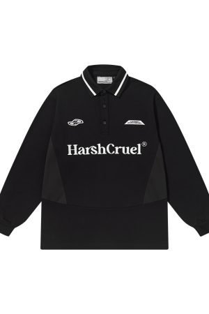 Street Style Loose Fit Long Sleeve Polo Shirt with Embroidered Detail, Casual Spliced Design