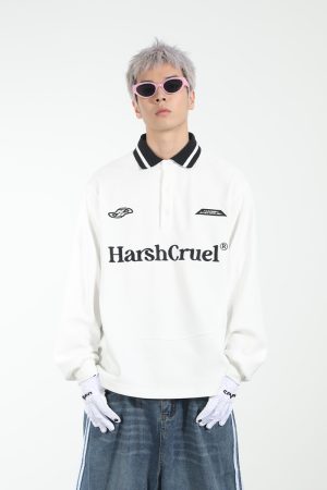 Street Style Loose Fit Long Sleeve Polo Shirt with Embroidered Detail, Casual Spliced Design