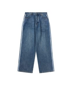Street Style Loose Wide-Leg Jeans with Three-Stripe Patchwork - American Clean Fit, Trendy and Fashionable