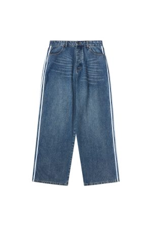 Street Style Loose Wide-Leg Jeans with Three-Stripe Patchwork - American Clean Fit, Trendy and Fashionable
