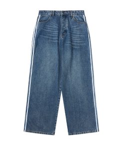 Street Style Loose Wide-Leg Jeans with Three-Stripe Patchwork - American Clean Fit, Trendy and Fashionable