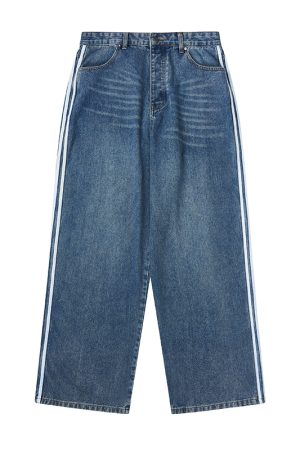 Street Style Loose Wide-Leg Jeans with Three-Stripe Patchwork - American Clean Fit, Trendy and Fashionable