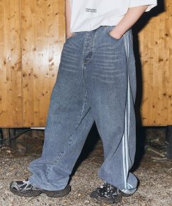 Street Style Loose Wide-Leg Jeans with Three-Stripe Patchwork - American Clean Fit, Trendy and Fashionable