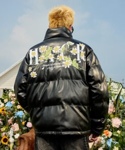 Street Style Small Daisy Embroidered PU Leather Puffer Jacket with Stand Collar - Warm Graphene Cotton Coat