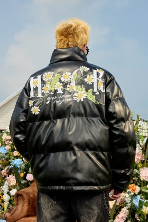 Street Style Small Daisy Embroidered PU Leather Puffer Jacket with Stand Collar - Warm Graphene Cotton Coat