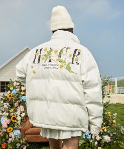 Street Style Small Daisy Embroidered PU Leather Puffer Jacket with Stand Collar - Warm Graphene Cotton Coat