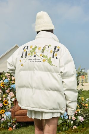 Street Style Small Daisy Embroidered PU Leather Puffer Jacket with Stand Collar - Warm Graphene Cotton Coat