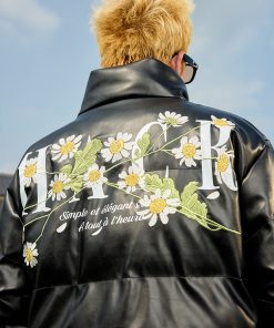 Street Style Small Daisy Embroidered PU Leather Puffer Jacket with Stand Collar - Warm Graphene Cotton Coat