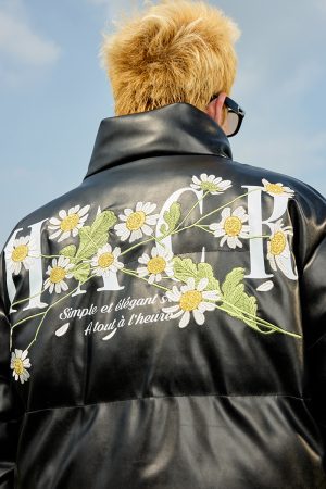 Street Style Small Daisy Embroidered PU Leather Puffer Jacket with Stand Collar - Warm Graphene Cotton Coat