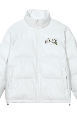 Street Style Small Daisy Embroidered PU Leather Puffer Jacket with Stand Collar - Warm Graphene Cotton Coat