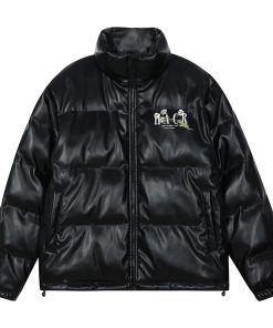 Street Style Small Daisy Embroidered PU Leather Puffer Jacket with Stand Collar - Warm Graphene Cotton Coat