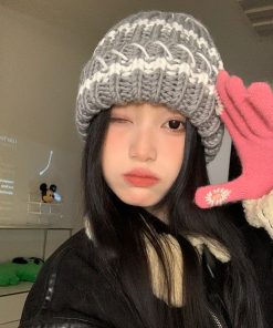 Striped Black Women's Winter Knitted Hat - Slouchy Warm Ear Protection - Versatile Korean Style Knitted Cap for Cold Weather
