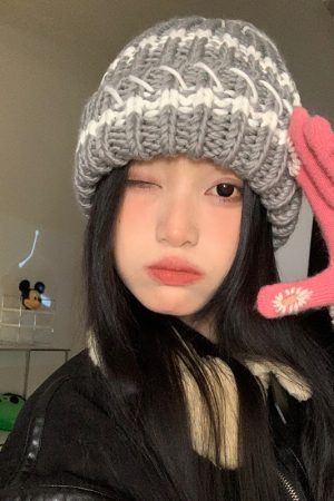 Striped Black Women's Winter Knitted Hat - Slouchy Warm Ear Protection - Versatile Korean Style Knitted Cap for Cold Weather