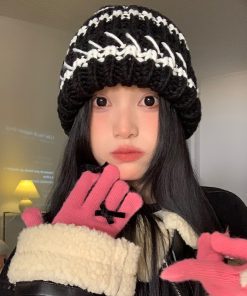 Striped Black Women's Winter Knitted Hat - Slouchy Warm Ear Protection - Versatile Korean Style Knitted Cap for Cold Weather