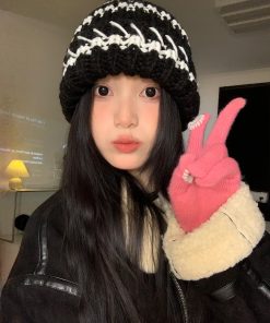 Striped Black Women's Winter Knitted Hat - Slouchy Warm Ear Protection - Versatile Korean Style Knitted Cap for Cold Weather