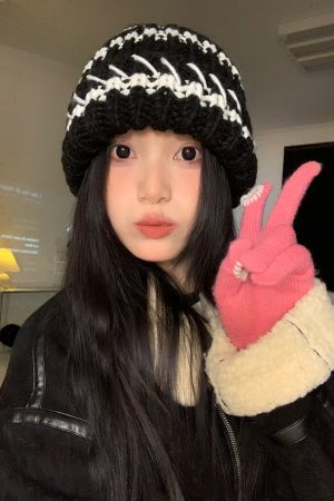 Striped Black Women's Winter Knitted Hat - Slouchy Warm Ear Protection - Versatile Korean Style Knitted Cap for Cold Weather