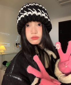 Striped Black Women's Winter Knitted Hat - Slouchy Warm Ear Protection - Versatile Korean Style Knitted Cap for Cold Weather