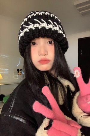 Striped Black Women's Winter Knitted Hat - Slouchy Warm Ear Protection - Versatile Korean Style Knitted Cap for Cold Weather
