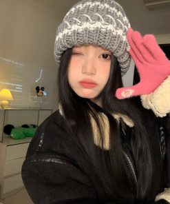 Striped Black Women's Winter Knitted Hat - Slouchy Warm Ear Protection - Versatile Korean Style Knitted Cap for Cold Weather